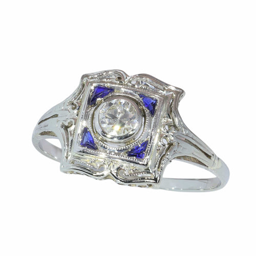 57 Art déco - Bague de fiançailles en or blanc, diamant et saphirs 58 Facettes 26127-0190