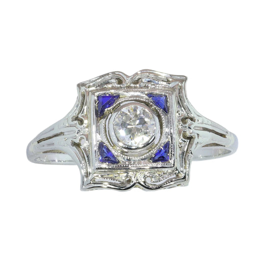 57 Art déco - Bague de fiançailles en or blanc, diamant et saphirs 58 Facettes 26127-0190