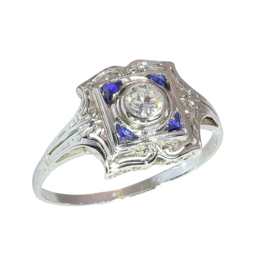 57 Art déco - Bague de fiançailles en or blanc, diamant et saphirs 58 Facettes 26127-0190