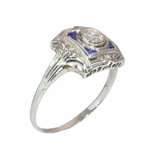57 Art déco - Bague de fiançailles en or blanc, diamant et saphirs 58 Facettes 26127-0190