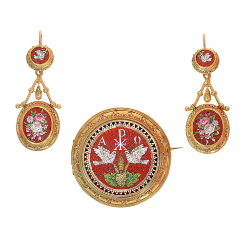 Parure micromosaïque - Broche et boucles d'oreilles en or jaune 18K 58 Facettes 26127-0287