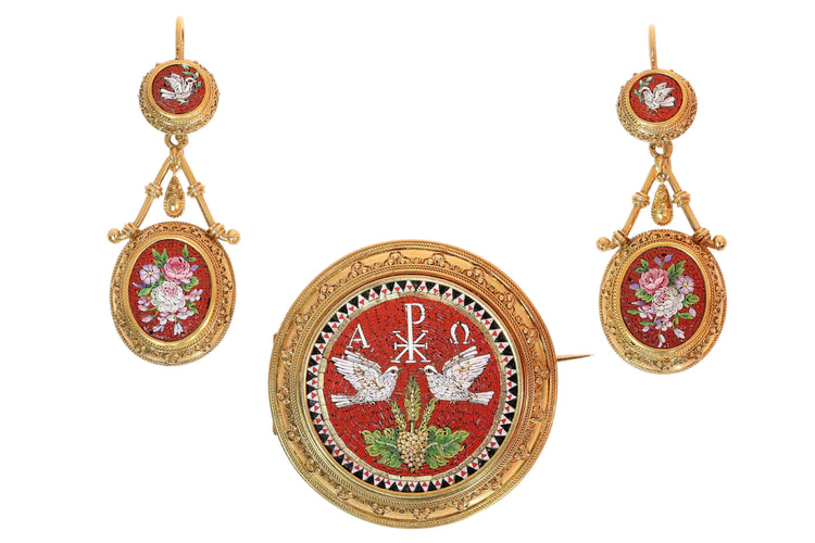 Parure micromosaïque - Broche et boucles d'oreilles en or jaune 18K 58 Facettes 26127-0287