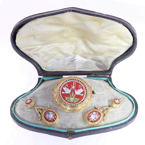 Parure micromosaïque - Broche et boucles d'oreilles en or jaune 18K 58 Facettes 26127-0287