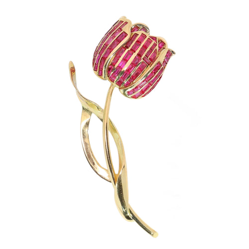 Broche tulipe belge en or jaune et rubis synthétiques 58 Facettes 26128-0328