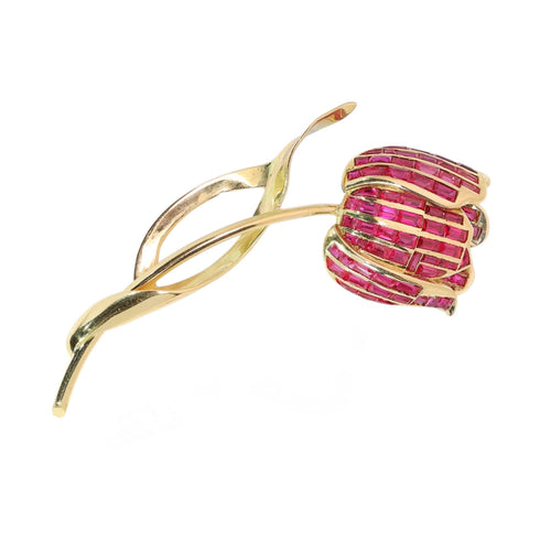 Broche tulipe belge en or jaune et rubis synthétiques 58 Facettes 26128-0328