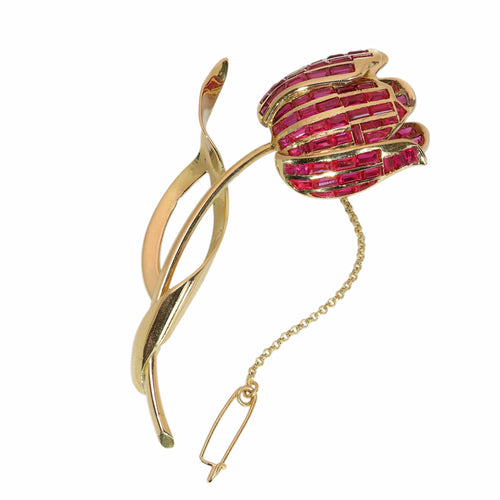 Broche tulipe belge en or jaune et rubis synthétiques 58 Facettes 26128-0328