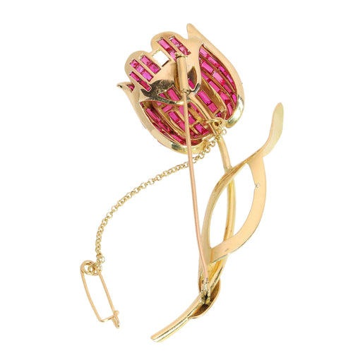 Broche tulipe belge en or jaune et rubis synthétiques 58 Facettes 26128-0328