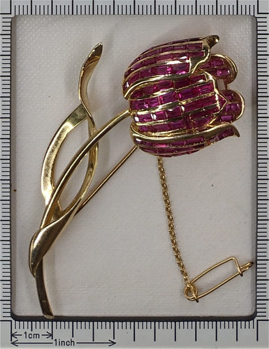 Broche tulipe belge en or jaune et rubis synthétiques 58 Facettes 26128-0328