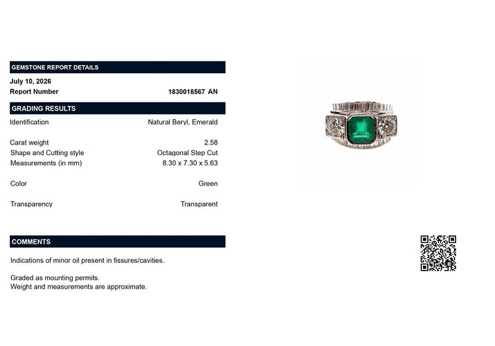 55 Bague en platine avec émeraude et diamants 58 Facettes 26155-0112