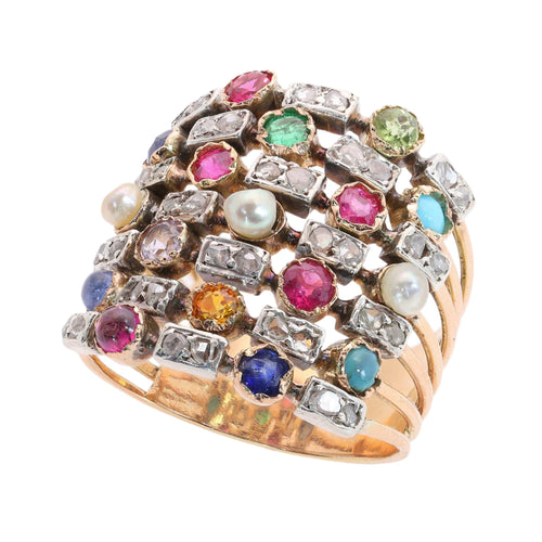 58 Bague harem sept rangs en or jaune, diamants et pierres 58 Facettes 26177-0203