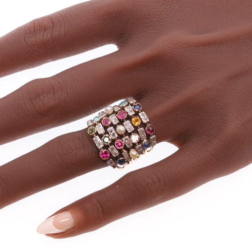 58 Bague harem sept rangs en or jaune, diamants et pierres 58 Facettes 26177-0203