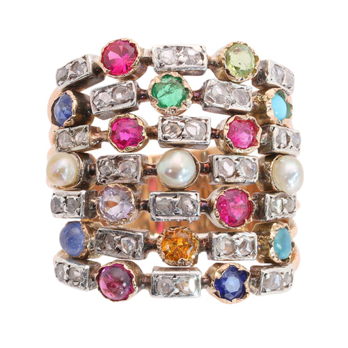 58 Bague harem sept rangs en or jaune, diamants et pierres 58 Facettes 26177-0203
