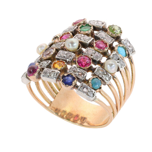 58 Bague harem sept rangs en or jaune, diamants et pierres 58 Facettes 26177-0203