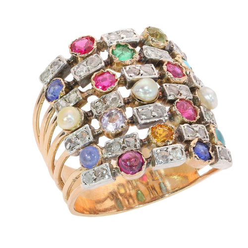 58 Bague harem sept rangs en or jaune, diamants et pierres 58 Facettes 26177-0203