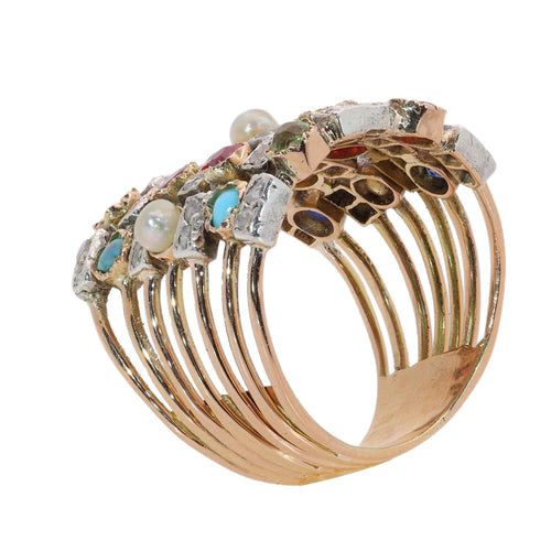 58 Bague harem sept rangs en or jaune, diamants et pierres 58 Facettes 26177-0203