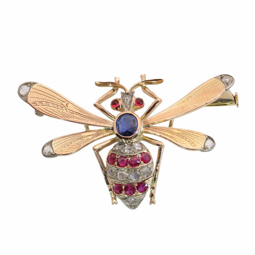 Broche victorienne abeille en or rouge, argent, rubis, diamants et saphir 58 Facettes 26182-0183