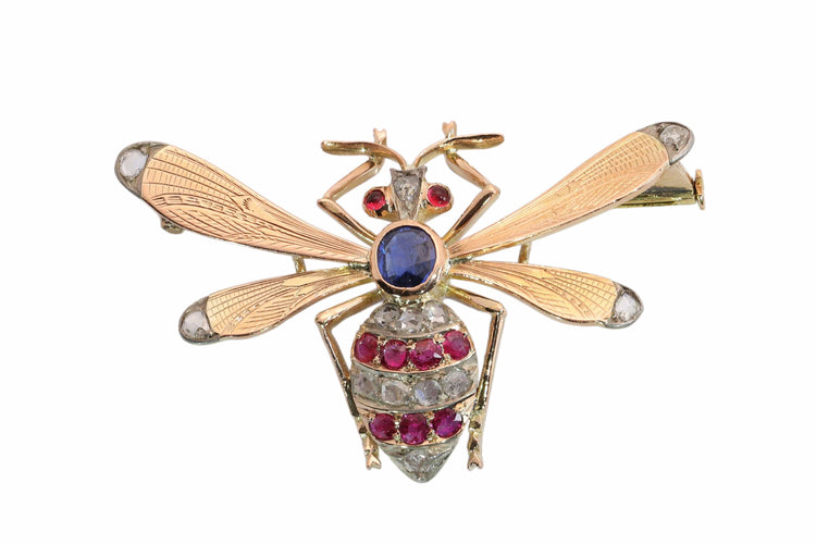Broche victorienne abeille en or rouge, argent, rubis, diamants et saphir 58 Facettes 26182-0183