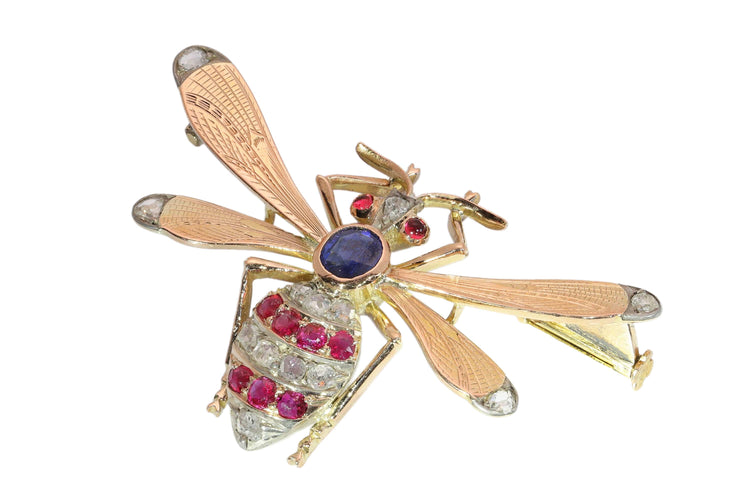 Broche victorienne abeille en or rouge, argent, rubis, diamants et saphir 58 Facettes 26182-0183