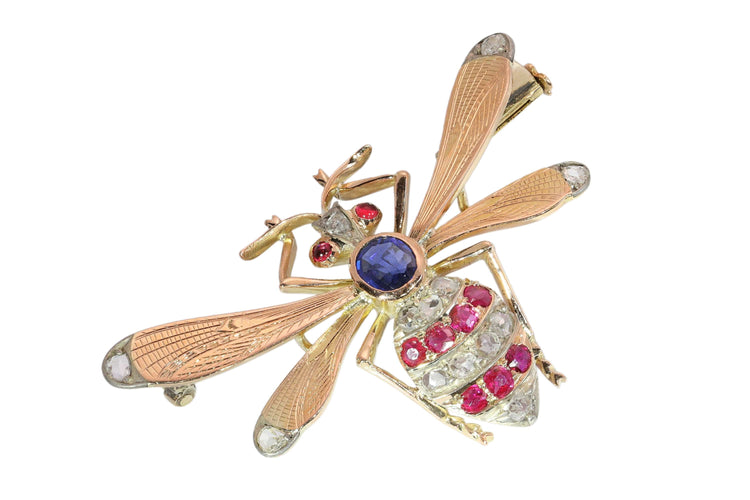 Broche victorienne abeille en or rouge, argent, rubis, diamants et saphir 58 Facettes 26182-0183