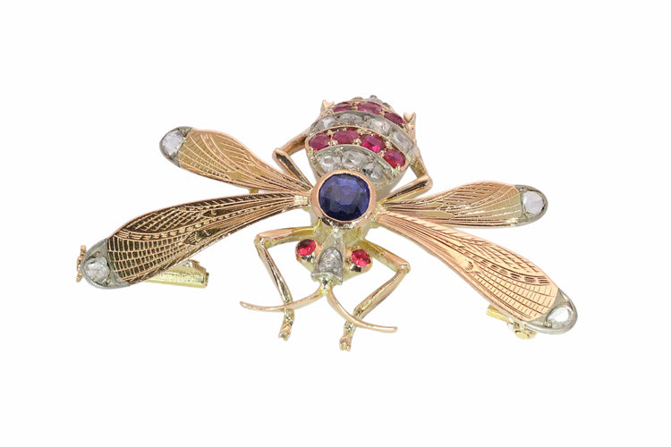 Broche victorienne abeille en or rouge, argent, rubis, diamants et saphir 58 Facettes 26182-0183