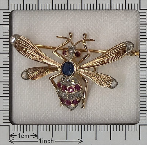Broche victorienne abeille en or rouge, argent, rubis, diamants et saphir 58 Facettes 26182-0183