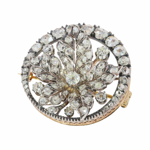Broche feuille victorienne en or rouge, argent et diamants, vers 1870 58 Facettes 26182-0219