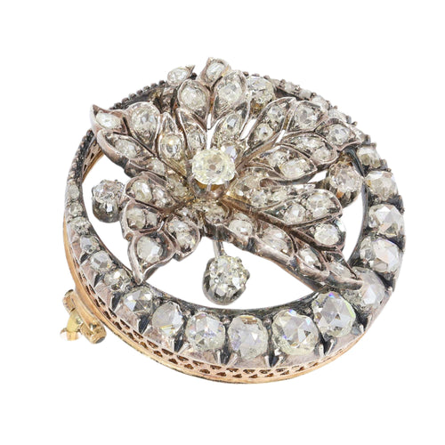 Broche feuille victorienne en or rouge, argent et diamants, vers 1870 58 Facettes 26182-0219
