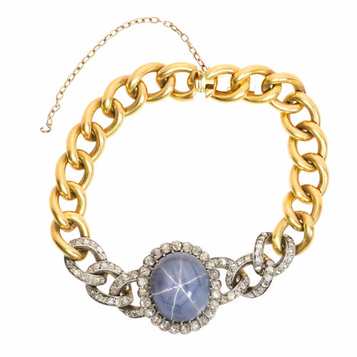 Léon Gariod - Bracelet victorien en or jaune, argent, saphir étoilé et diamants 58 Facettes 26211-0077