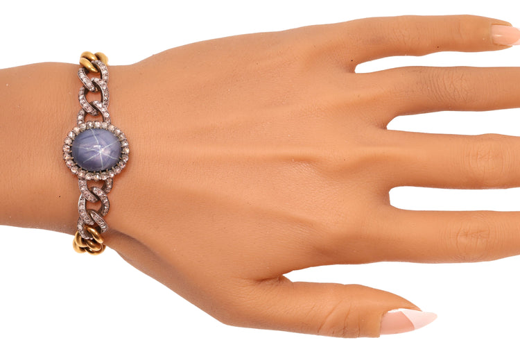 Léon Gariod - Bracelet victorien en or jaune, argent, saphir étoilé et diamants 58 Facettes 26211-0077