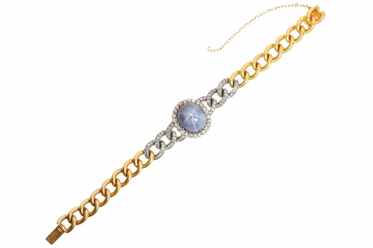 Léon Gariod - Bracelet victorien en or jaune, argent, saphir étoilé et diamants 58 Facettes 26211-0077