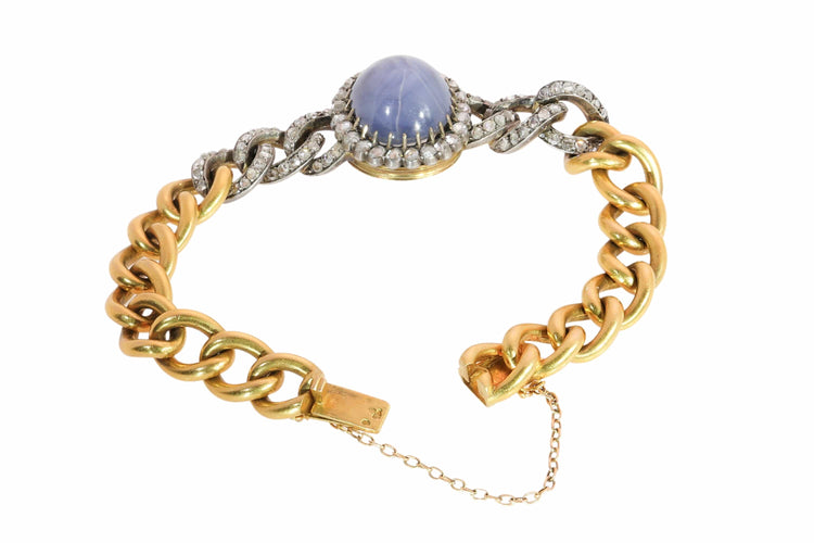 Léon Gariod - Bracelet victorien en or jaune, argent, saphir étoilé et diamants 58 Facettes 26211-0077