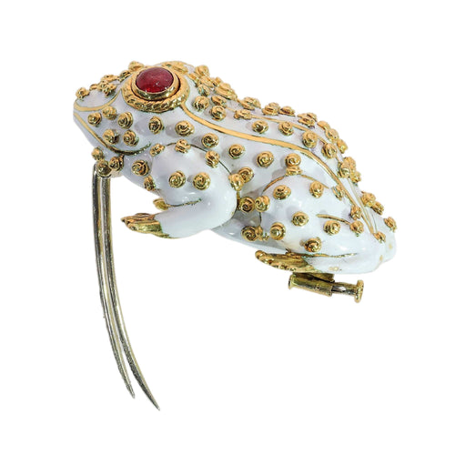 David Webb - Broche grenouille en or jaune, émail blanc et rubis 58 Facettes 26211-0088