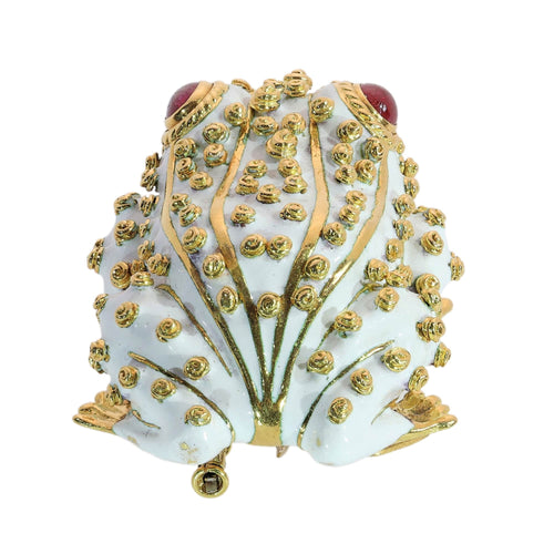 David Webb - Broche grenouille en or jaune, émail blanc et rubis 58 Facettes 26211-0088