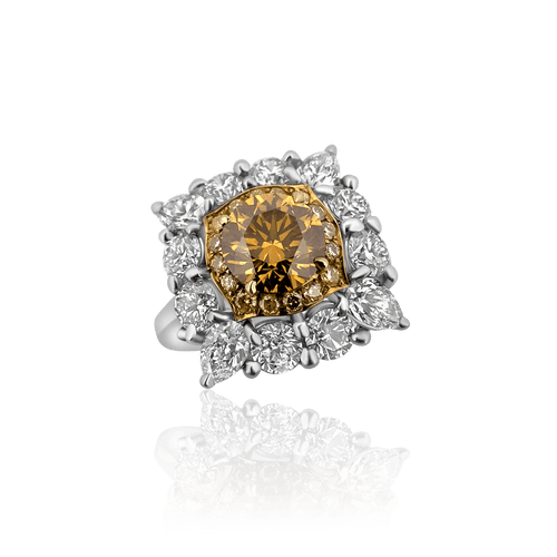 53 Bague diamant Fancy Deep jaune-orangé en platine, or 18 carats et diamants 58 Facettes f30