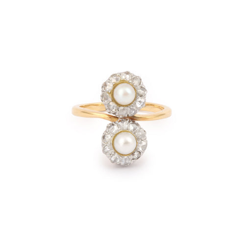 Bague 54 Bague Toi & Moi ancienne en or jaune 18 carats, platine, perles et diamants 58 Facettes B388