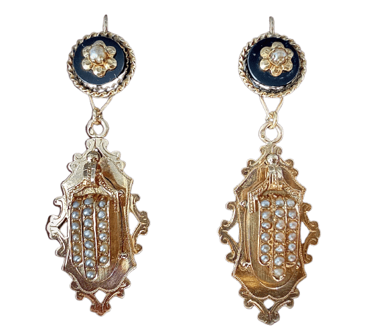 Napoléon III - Pendants d’oreilles en or rose et jaune, onyx et perles fines