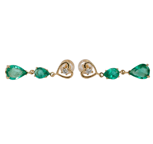 Boucles d'oreilles pendantes en or jaune 14 ct, émeraudes et diamants 58 Facettes E0042
