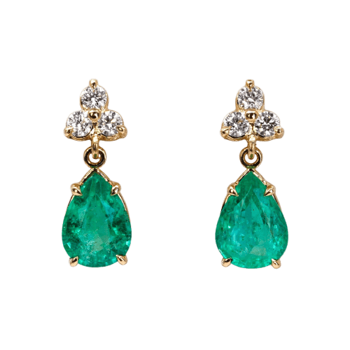 Boucles d'oreilles pendantes en or jaune 14 ct, émeraudes et diamants