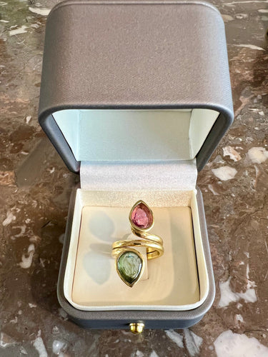 Bague 55 Bague Toi et Moi - Tourmalines vertes et roses en or jaune 58 Facettes B222