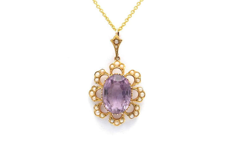 Art Nouveau - Pendentif en or jaune 14 carats, améthyste et perles 58 Facettes 23910