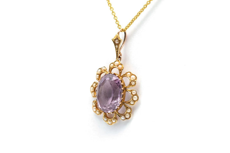 Art Nouveau - Pendentif en or jaune 14 carats, améthyste et perles 58 Facettes 23910