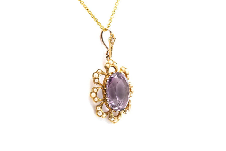Art Nouveau - Pendentif en or jaune 14 carats, améthyste et perles 58 Facettes 23910