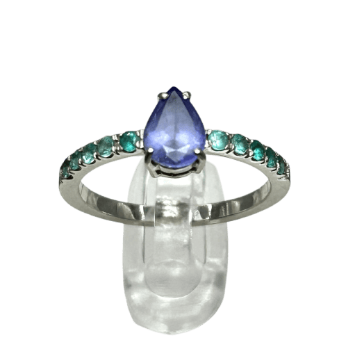 Bague en or blanc 18k avec tanzanite et tourmalines Paraiba