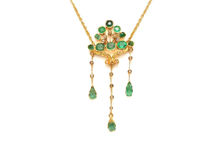 Collier années 50 en or jaune, émeraudes et perles 58 Facettes 23683