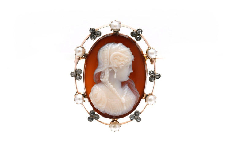 Art Nouveau - Broche en or jaune, camée agate, diamants et perles 58 Facettes 23989