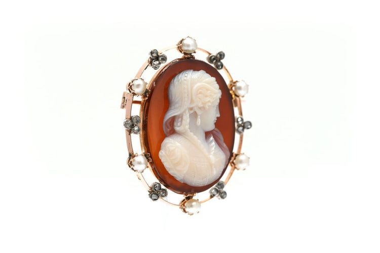 Art Nouveau - Broche en or jaune, camée agate, diamants et perles 58 Facettes 23989