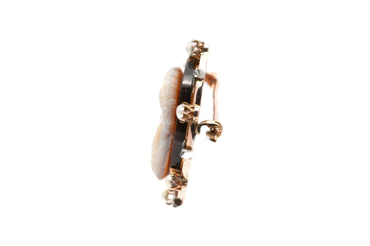 Art Nouveau - Broche en or jaune, camée agate, diamants et perles 58 Facettes 23989