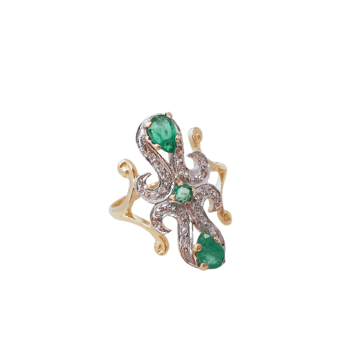 Bague marquise en or jaune et blanc 18K, émeraudes et diamants