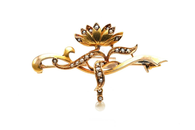Art Nouveau - Broche en or jaune 18 carats et perles 58 Facettes B266