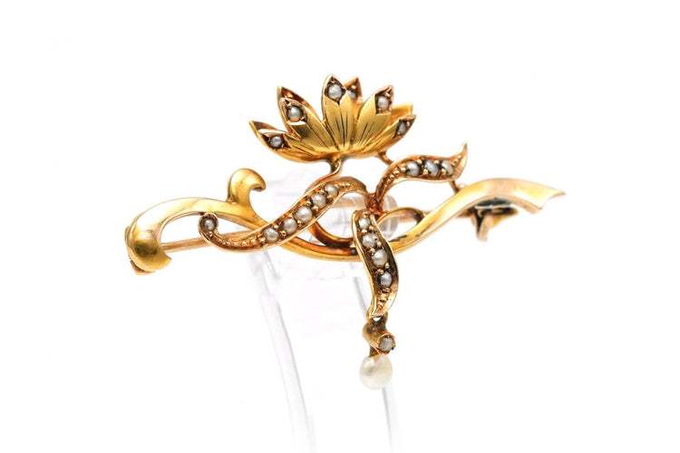 Art Nouveau - Broche en or jaune 18 carats et perles 58 Facettes B266